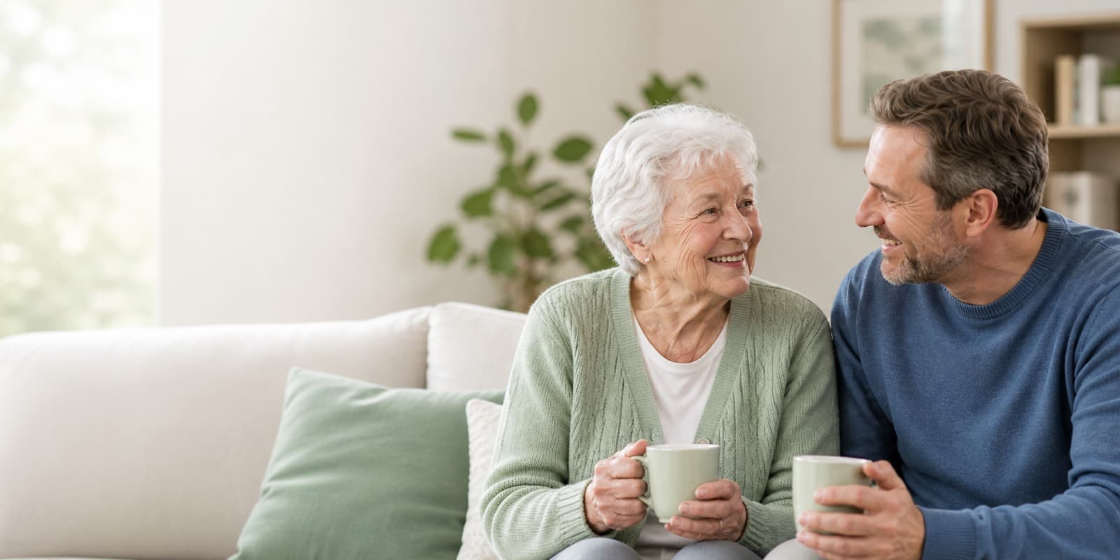 Older person and family carer talking together at home