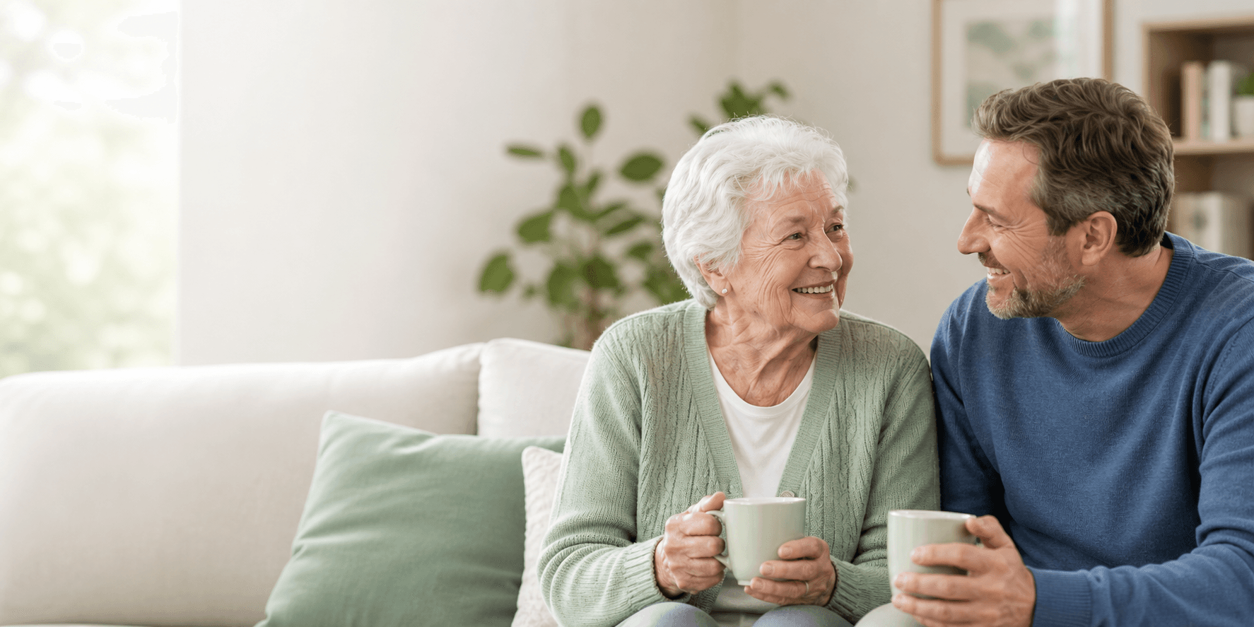 Older person and family carer talking together at home